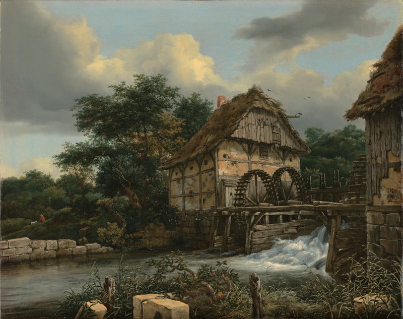 Dos molinos de agua junto a un río en un paisaje, pintura al óleo de Jacob van Ruisdael