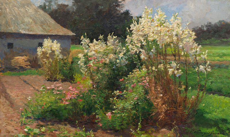 Vibrant summer garden with colorful flowers, oil on canvas by Olga Wisinger-Florian