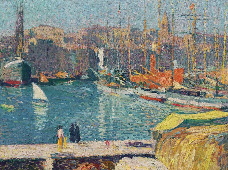 Le vieux port de Marseille de Henri Martin, óleo sobre lienzo que representa un puerto con barcos y agua brillante.