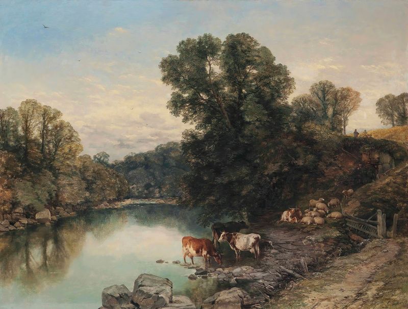 Cattle and sheep by the river, oil on canvas by Thomas Sidney Cooper