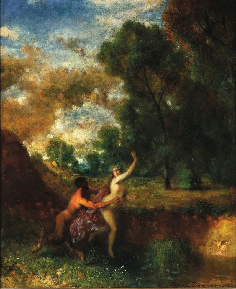 A Faun and a Nymph de August Richard Zimmermann, pintura a óleo de figuras entrelaçadas em um cenário místico.