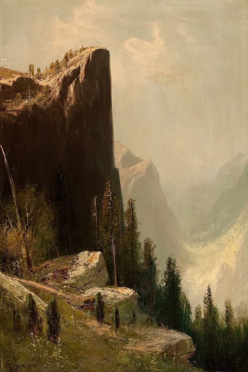 Pintura a óleo de Frederick Ferdinand Schafer representando Yosemite Valley com montanhas e luz do sol.