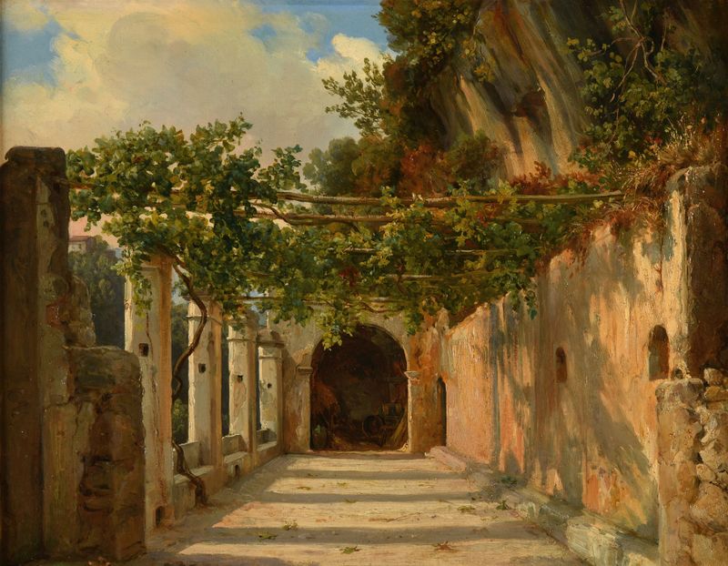 Tonnelle de Jacques-Raymond Brascassat, óleo sobre lienzo que representa un paisaje sereno con luz filtrándose a través de...