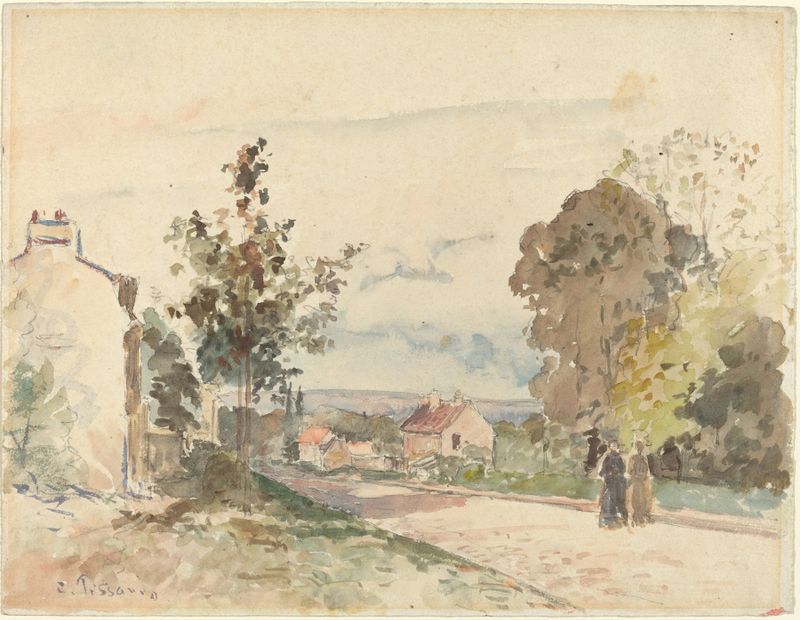 Pintura de paisagem a óleo de Camille Pissarro representando um caminho entre árvores e luz.