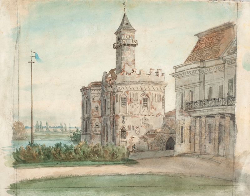 Castle and Palace in Radziejowice by Juliusz Kossak, oil painting depicting lush greenery and architecture.