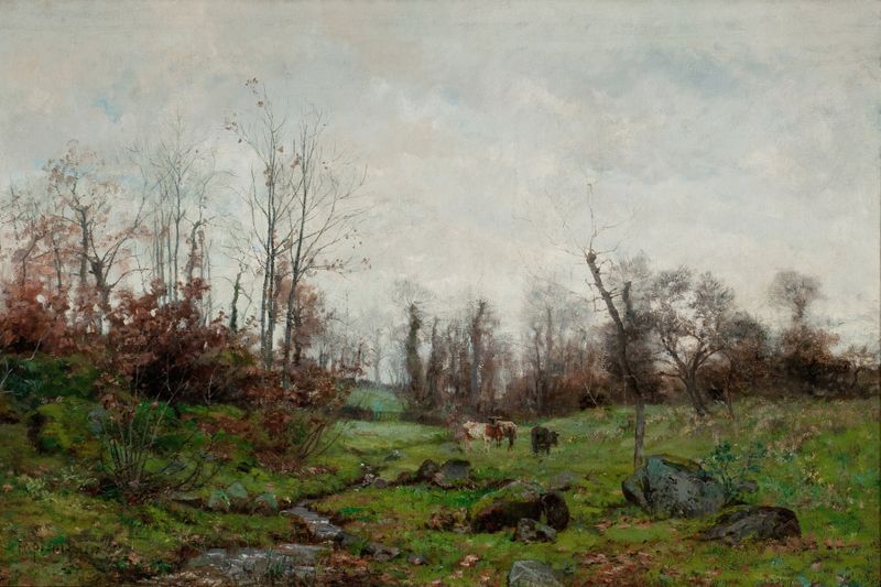 Cattle by a Stream, Pont Aven, Brittany, óleo sobre tela de Frank C. Penfold