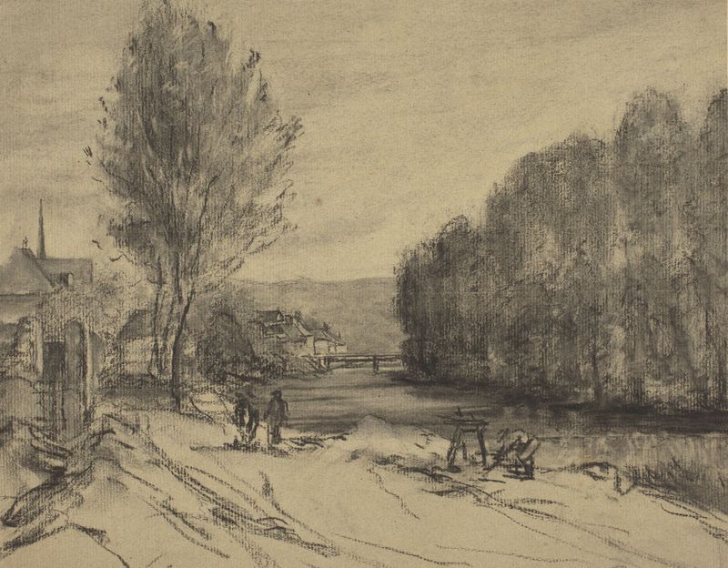 A Landscape with a River by French School, oil painting depicting a serene river scene.