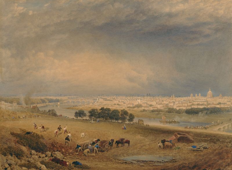 A view of Paris from Passy, oil on canvas by Frederick Nash, depicting twilight over rooftops.
