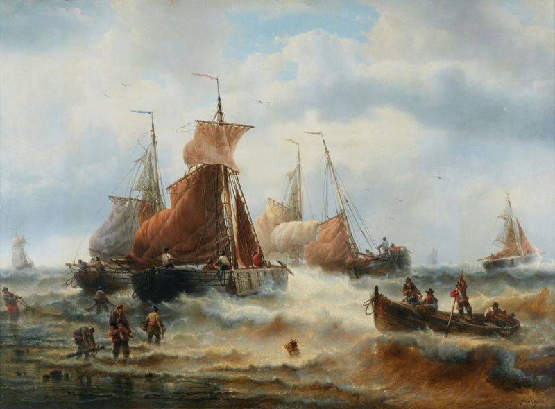 Marine scene with fishermen and boats at sunset, oil painting by François Musin