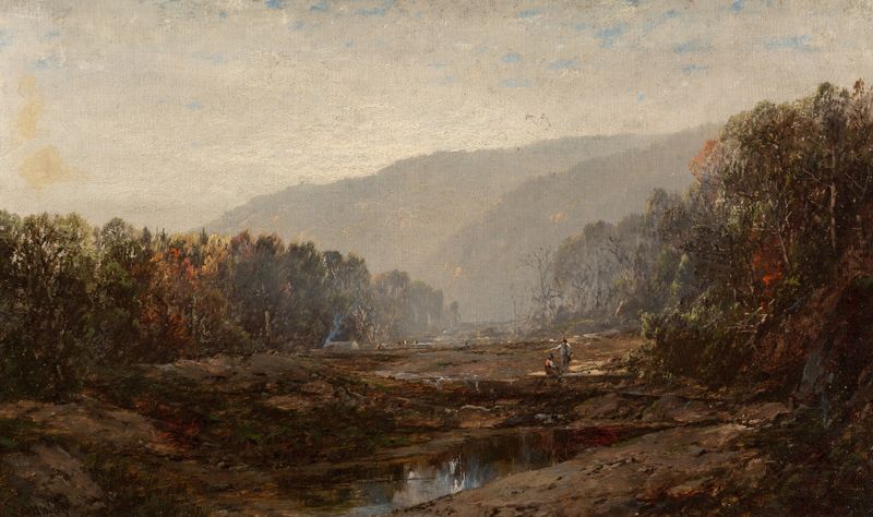 River Landscape by William Louis Sonntag, oil painting depicting a river, trees, and a serene horizon