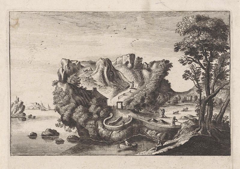 Etching by Wenceslaus Hollar depicting a landscape resembling a human face.