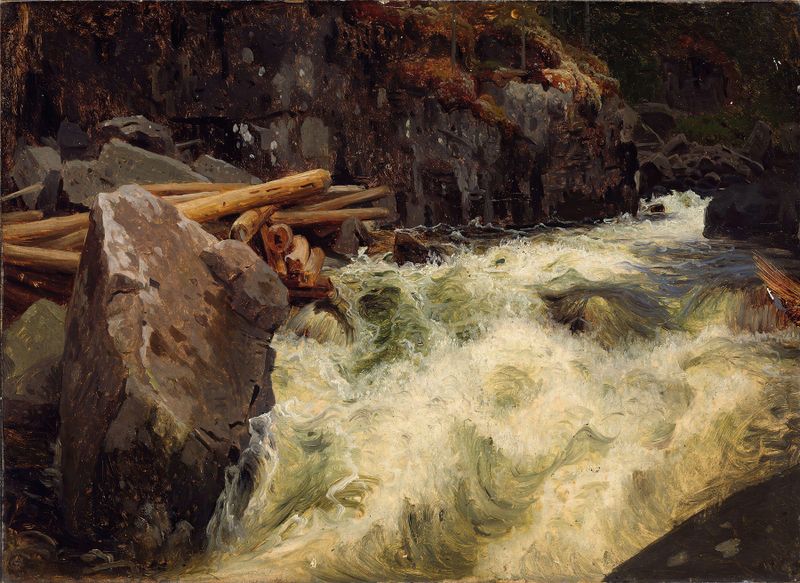 Study of a Waterfall by August Cappelen, oil on canvas depicting cascading water and lush greenery