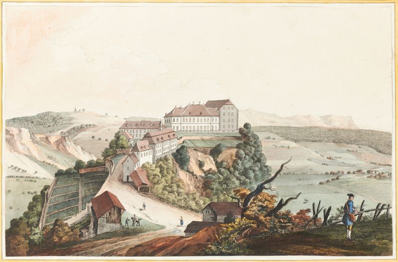 Paisagem com um chateau e colinas onduladas de Caspar Wolf, pintura a óleo.