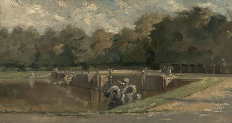Neptune’s Pool in Versailles, óleo sobre tela de Charles François Daubigny, com águas serenas e reflexos.