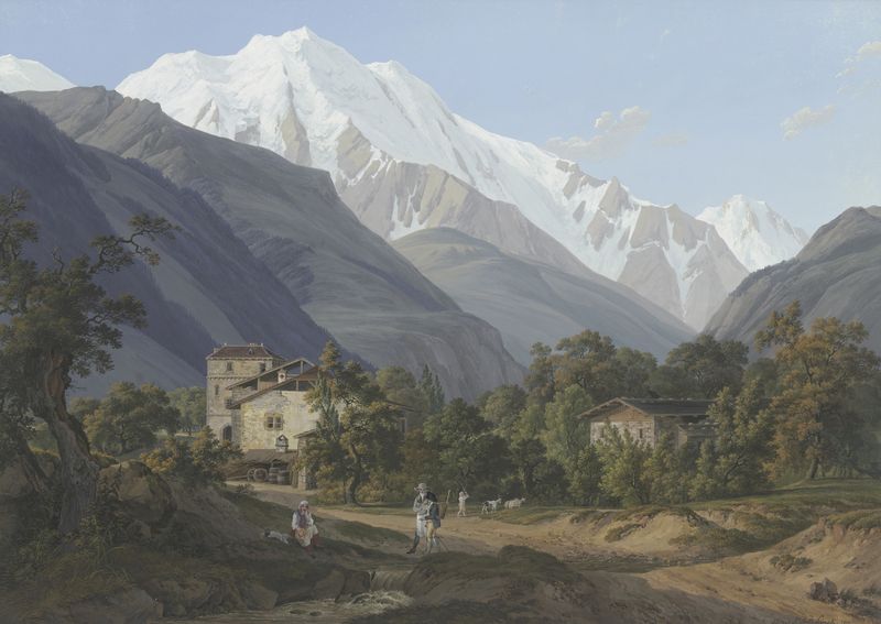 Vue de St. Gervais, de l’Aiguille blance, & du bon homme by Jean-Antoine Linck, oil painting depicting mountains and sky.