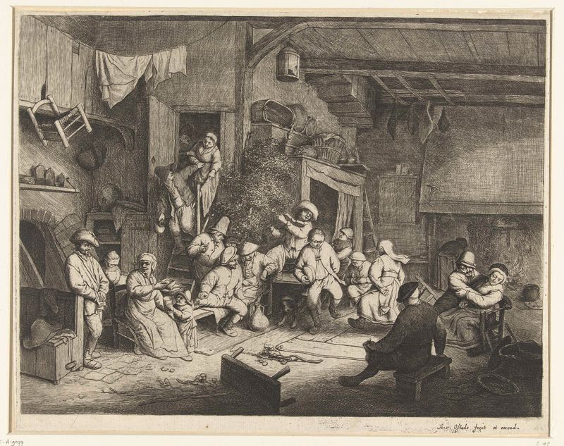 Etching by Adriaen van Ostade depicting revelers in a tavern with candlelight.
