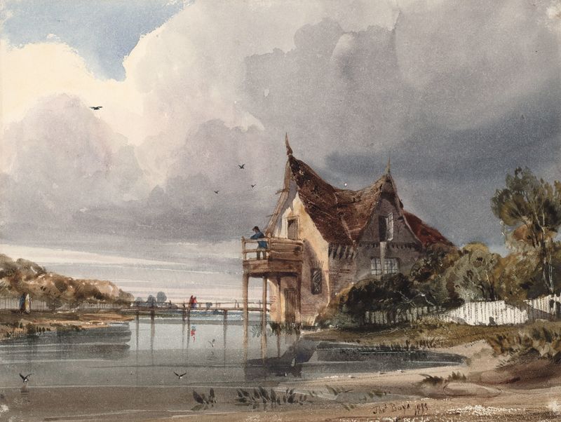 A River and Cottage with White Paling de Thomas Shotter Boys, pintura a óleo que retrata um rio sereno e uma casa