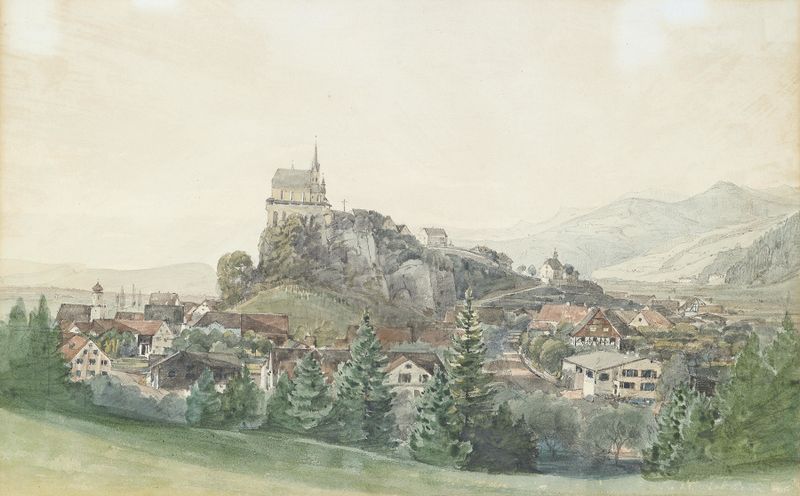 Paisaje de Rankweil de Thomas Ender, óleo sobre lienzo, con colinas y techos bajo un cielo brillante.