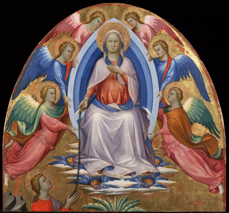 A Assunção da Virgem de Starnina, meio dourado, retratando a Virgem em um manto azul com motivos de ascensão.