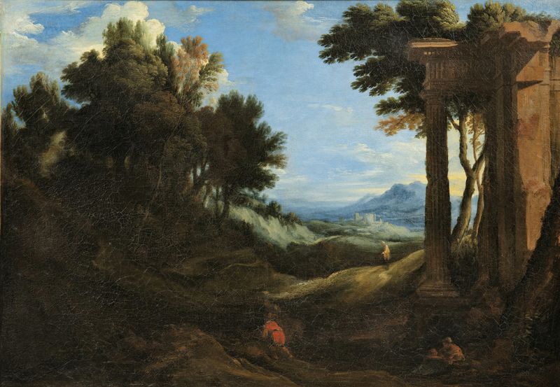 Landscape with Antique Ruins, óleo sobre tela de Pierre Patel o Velho, com arcos em ruínas e vegetação.