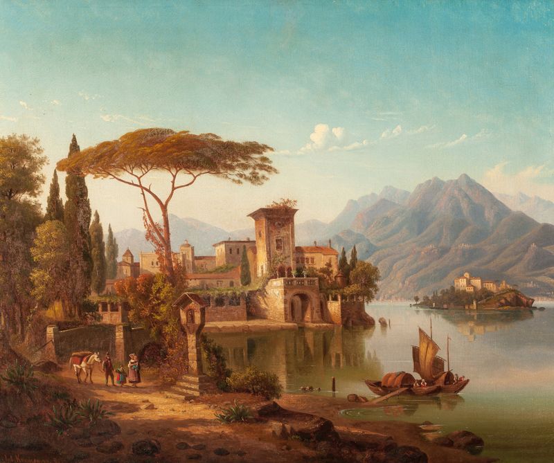 Northern Italy Landscape de Hermann August Kruger, pintura a óleo que retrata um lago sereno e colinas.