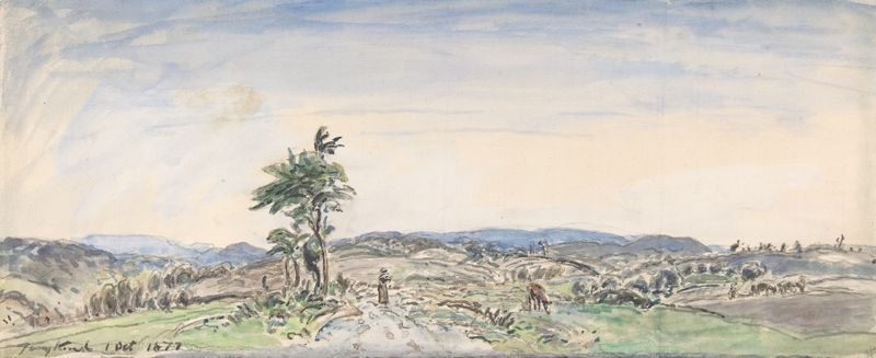 Landscape de Johan Barthold Jongkind, óleo sobre lienzo que representa colinas al amanecer con luz suave.