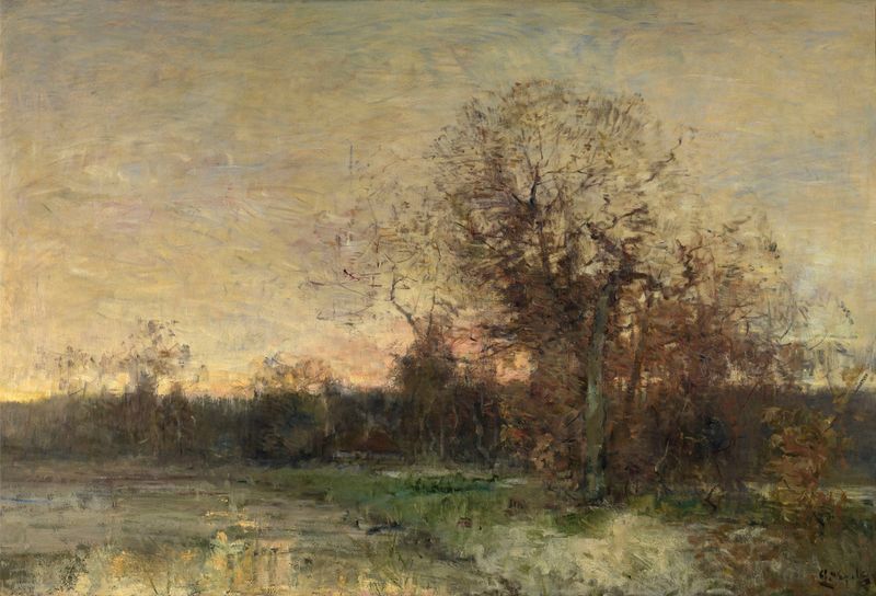 The Pond in Ixelles by Guillaume Vogels, oil on canvas depicting a tranquil landscape with water reflections.