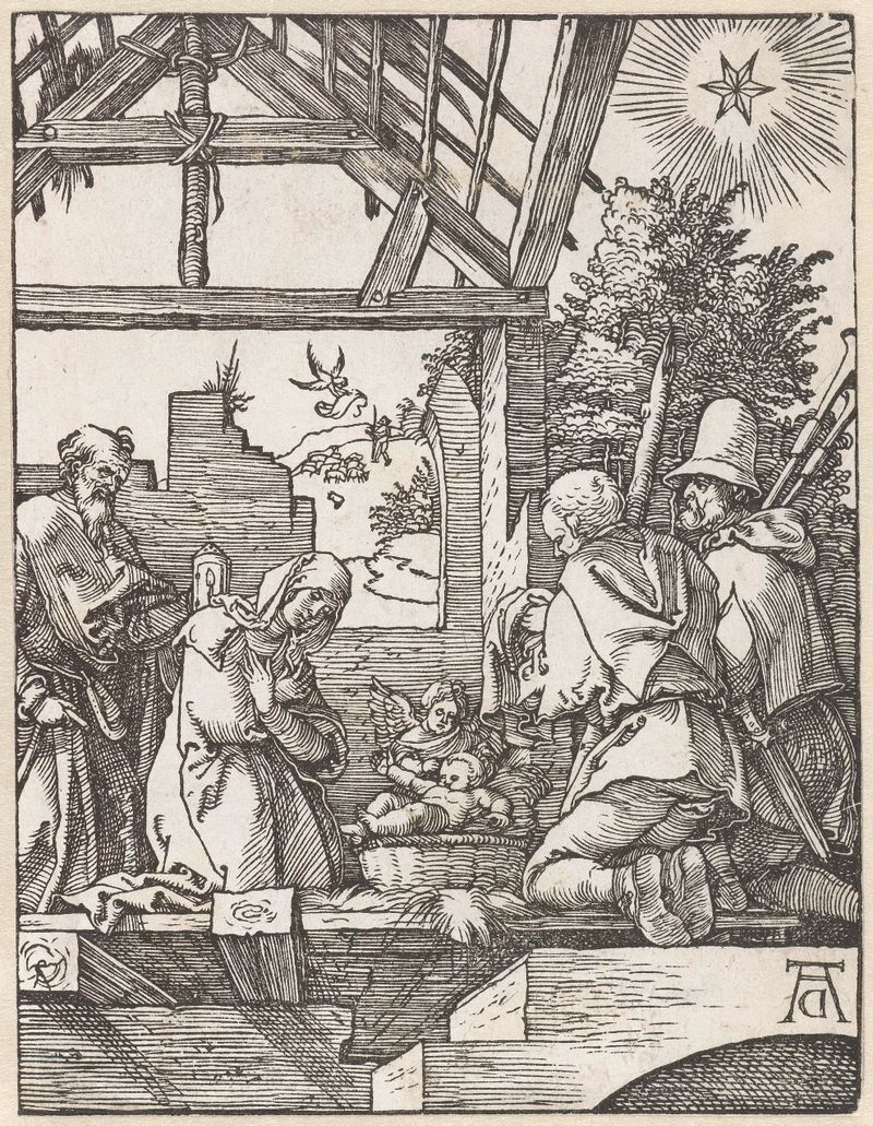 Aanbidding der herders de Albrecht Dürer, papel, representando pastores alrededor del niño Cristo