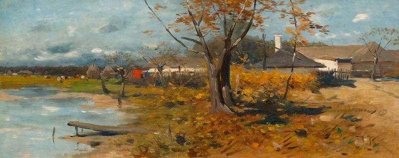 Farmyards by Jozef Brandt, oil painting depicting rural landscape with farmhouses and sky.