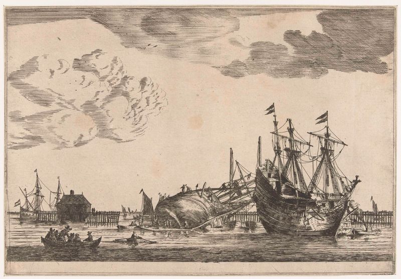 Twee schepen liggen klaar voor reparatie, gravura de Reinier Nooms, representando navios em um estaleiro.