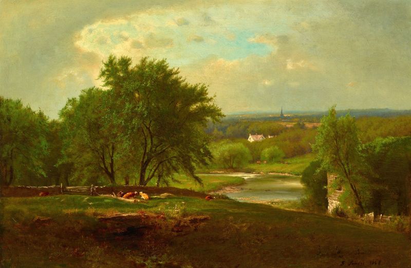 Englewood, New Jersey de George Inness, óleo sobre tela que retrata uma paisagem tranquila com árvores e um caminho.