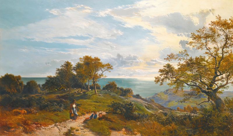 A Peep At The Sea, Fairlight Glen by Sidney Richard Percy, oil on canvas depicting a forest path to the sea.