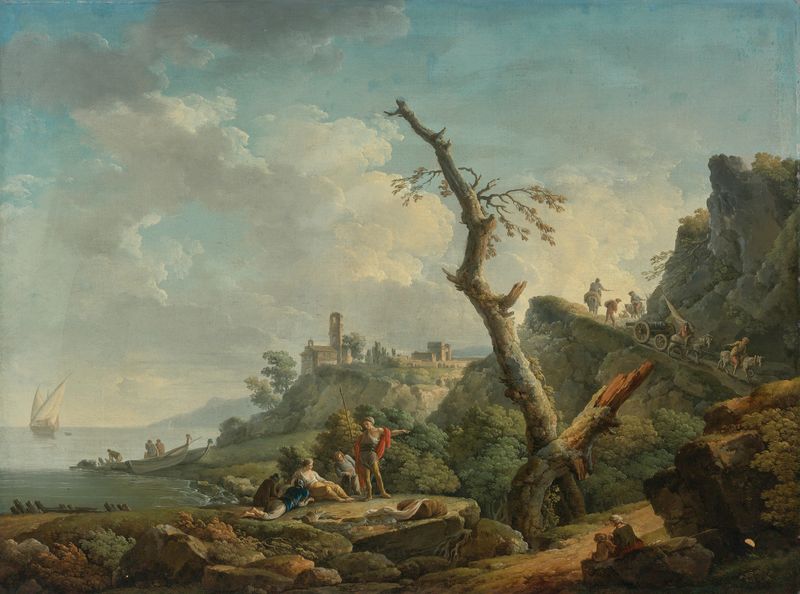 A river landscape with figures reclining, oil on canvas by Carlo Bonavia