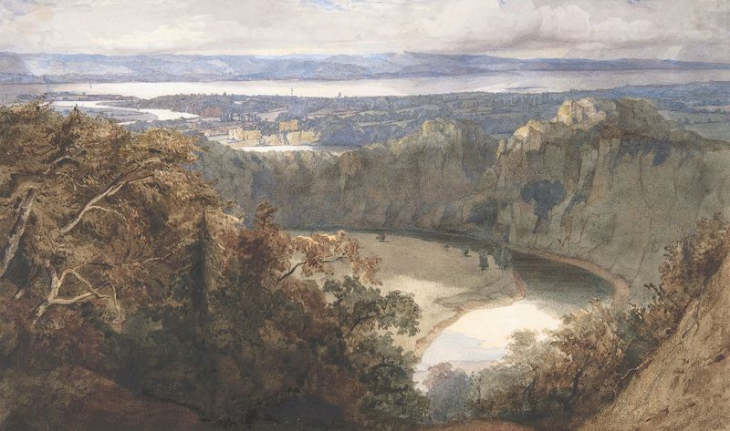 View of Chepstow, Wales by John Scarlett Davis, oil on canvas depicting a serene landscape