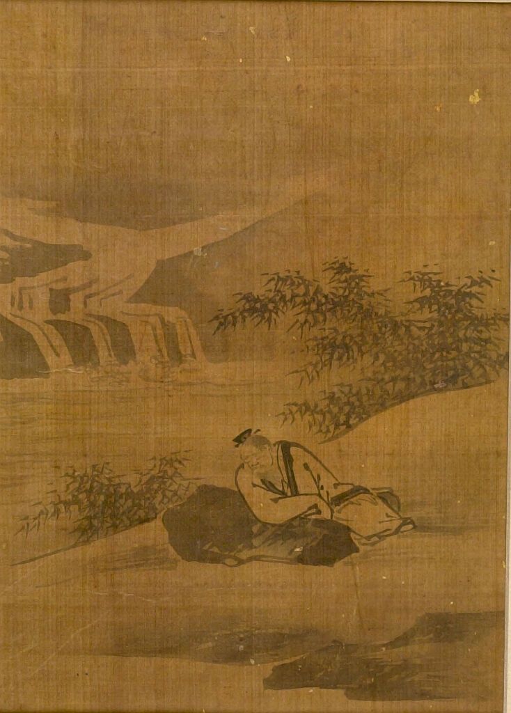 Gentleman resting on a rock beside a lake, ink on silk by Yi Chŏng