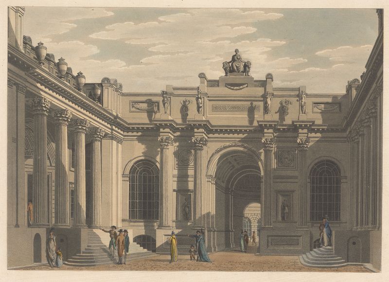 Watercolour by Thomas Malton depicting Lothbury Court, Bank with classical architecture.