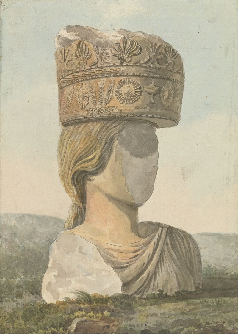 Faceless marble bust by Willey Reveley supporting a broken capital