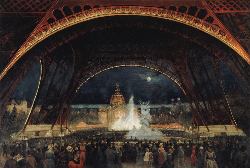 Fête de nuit à l’Exposition universelle de 1889, óleo sobre lienzo de George Roux, con una multitud celebrando bajo la Tor...