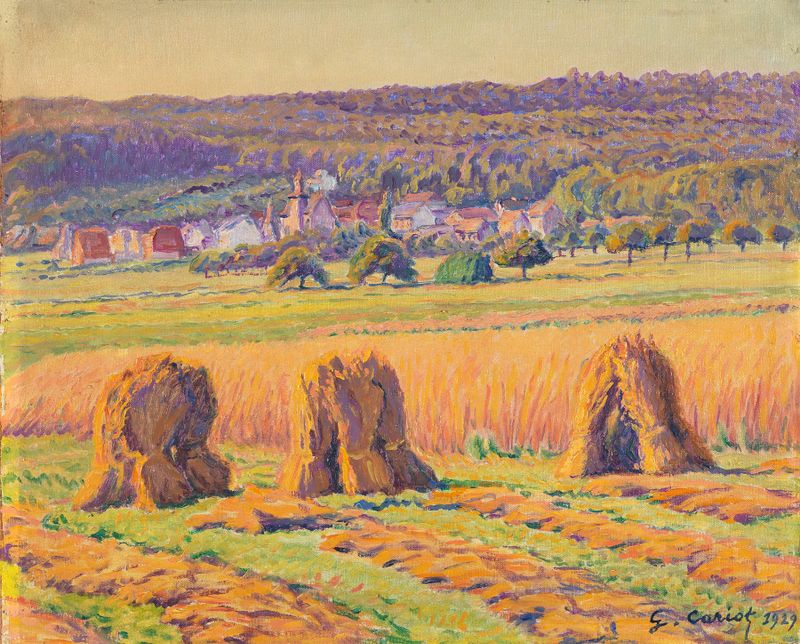 Paisaje postimpresionista con trigo y colinas de Gustave Cariot