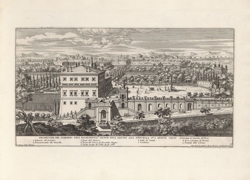 Botanical garden scene by Giovanni Battista Falda, 17th century engraving