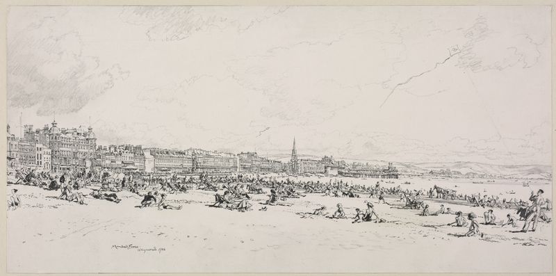 Weymouth Bay, The High Season grabado de Muirhead Bone que representa una escena costera con mar y cielo.