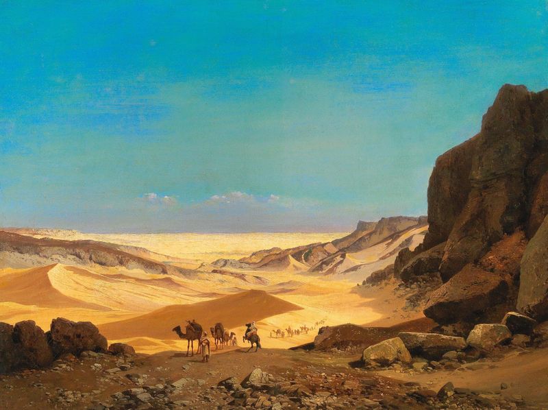 The Libyan Desert by Carl Hasch, depicting a vast desert landscape with dunes and a golden sunset.