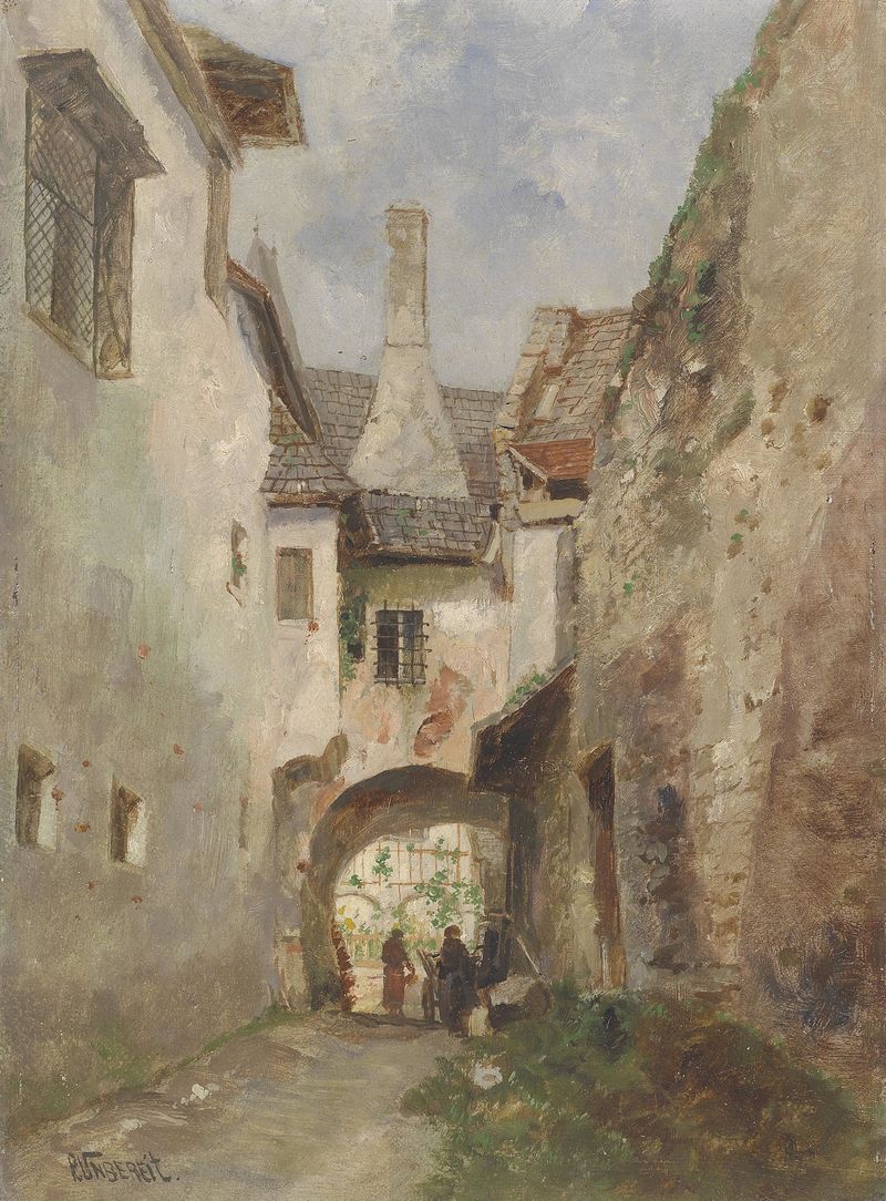 Landscape depicting a winding alley with stone walls by Paul Unbereit, medium unknown.