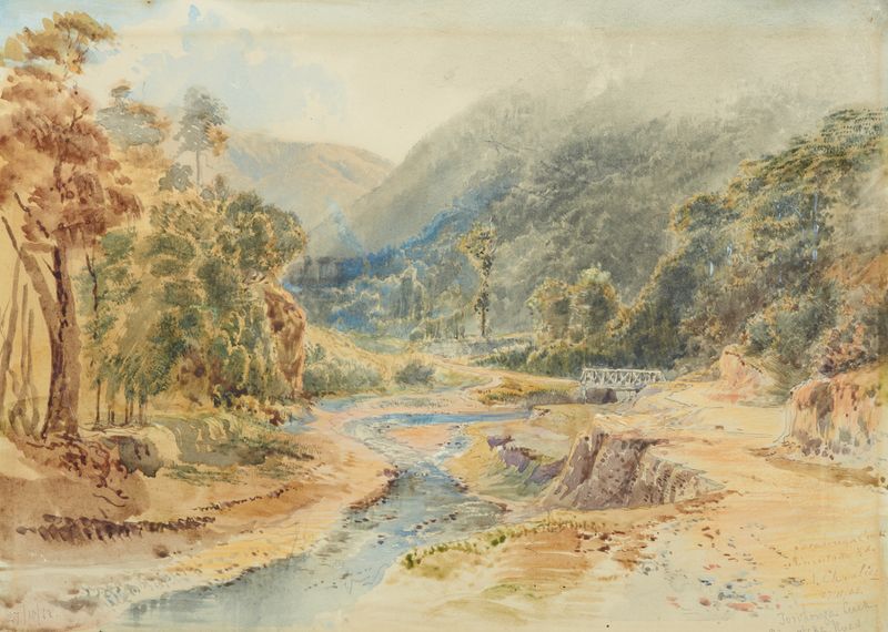 Tarohonga Creek, oil painting by Nicholas Chevalier depicting a serene landscape with a creek.