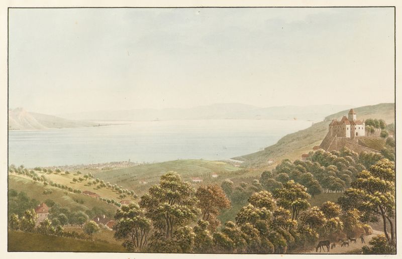 Pintura a óleo de Jakob Samuel Weibel mostrando colinas e um lago sereno.