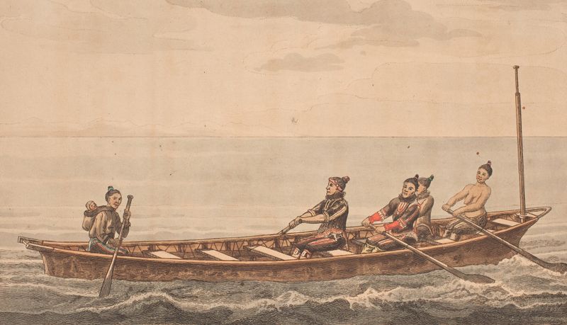Konebåd de Oluf Olufsen Bagge, tinta sobre papel que muestra un barco en las olas