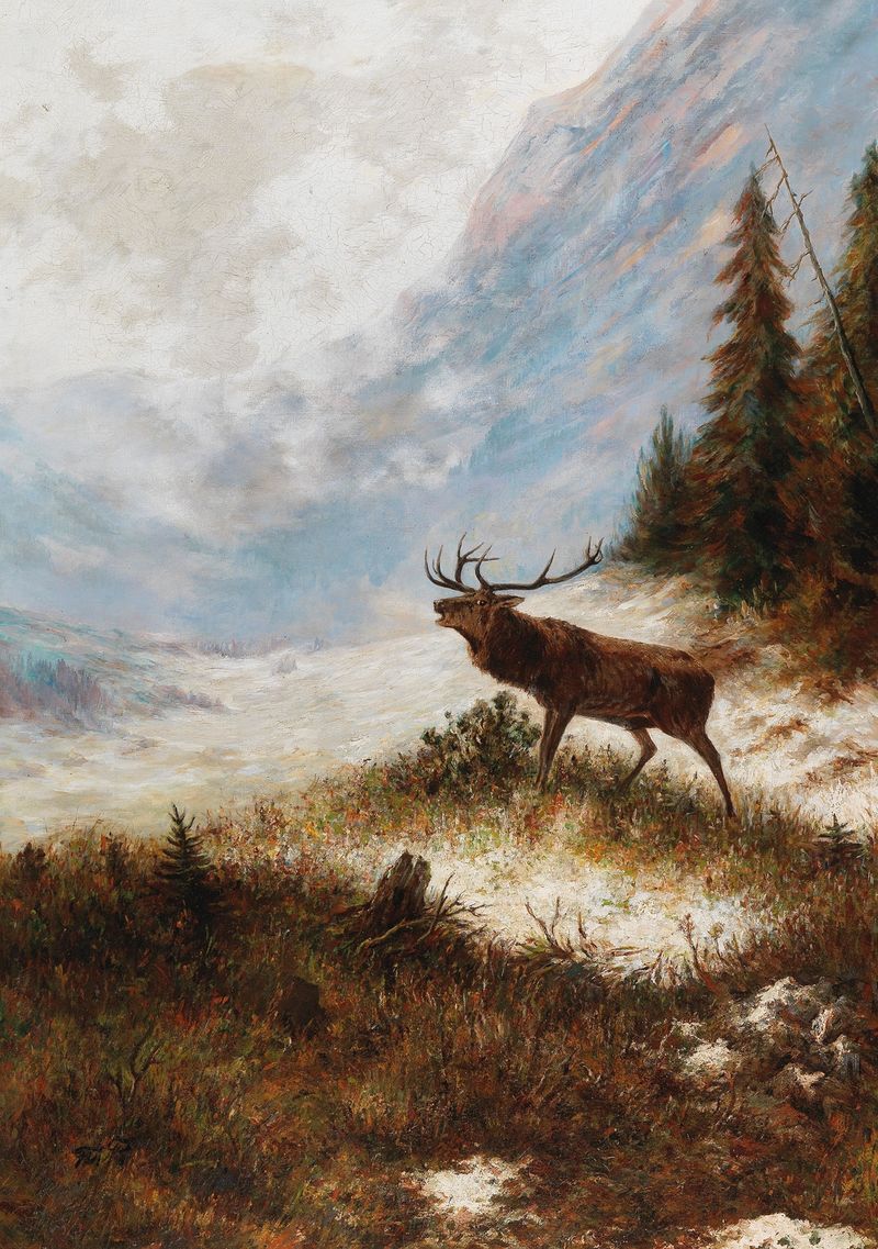 Bellowing Stag in a Winter Landscape by Franz Xaver von Pausinger, oil painting featuring a stag in snow.