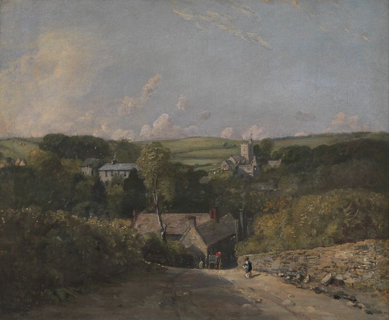 Osmington Village de John Constable, óleo sobre lienzo, que representa un paisaje pastoral con campos y nubes.