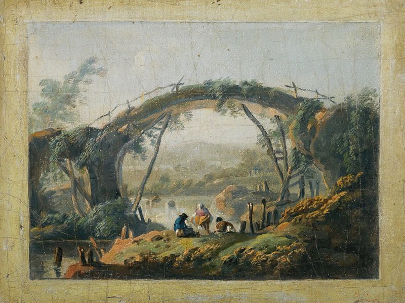 A Pair Of River Landscapes With Figures Approaching A Bridge, oil on canvas by Jean-Baptiste Pillement