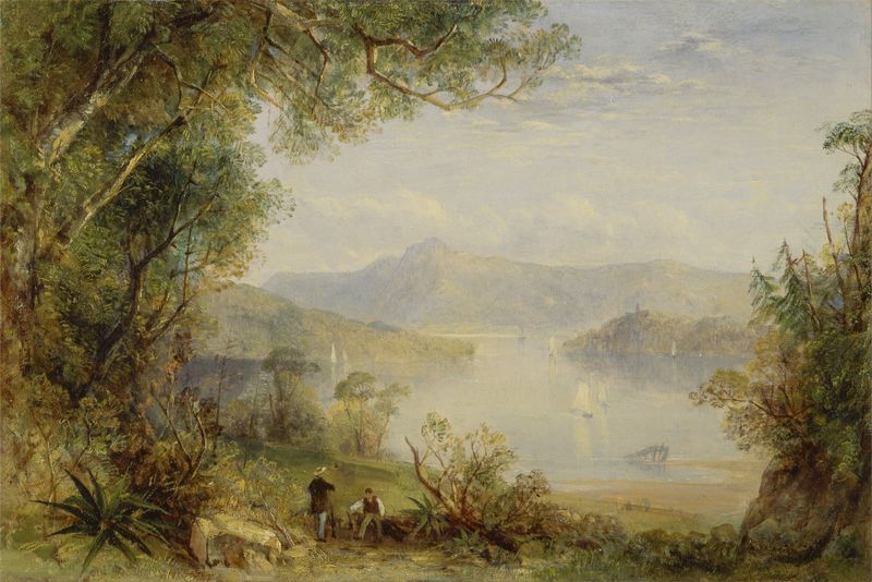 View on the Hudson River, óleo sobre tela de Thomas Creswick, retratando um rio tranquilo e nuvens.